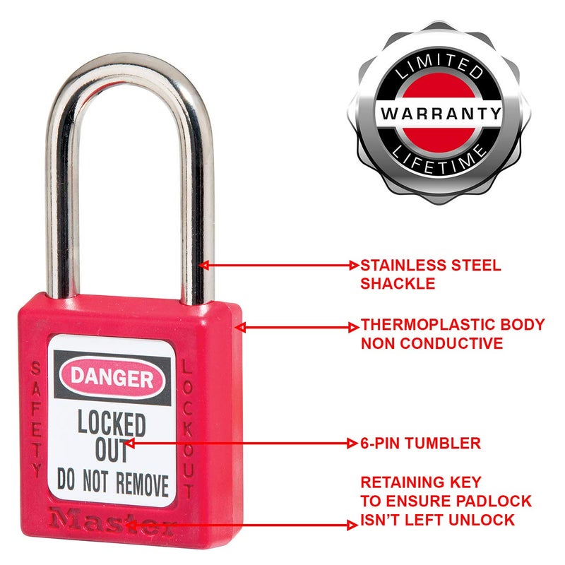 Master Lock Red Lockout Tagout Safety Padlock with Key, Metal Shackle and Non-Conductive Lock Body for Electrical Applications, 410RED - Image 4