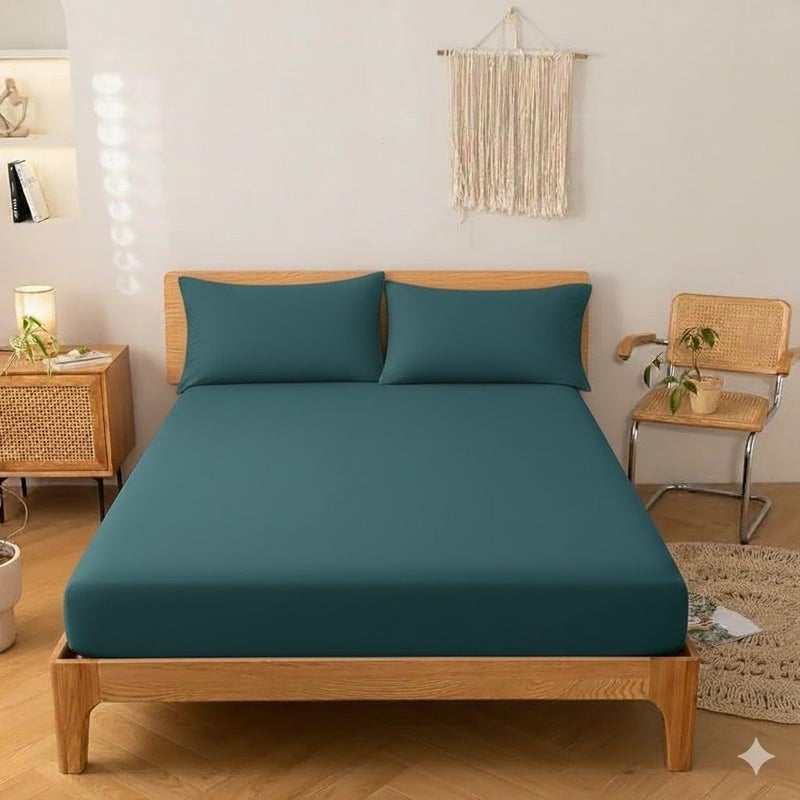 Khoyot Hotel-style plain cotton fitted sheet set - 4 pieces (1 sheet - 1 pillow - 2 pillowcases) - Size (180cmx200cmx30cm) - Turquoise