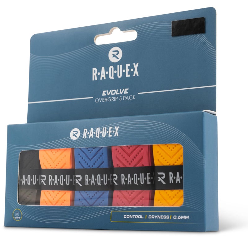 Raquex Raquex Evolve Racket Overgrip Tape - Tennis Racket, Badminton, Squash, Padel 5 Pack Multicoloured Racquet Over Grip - Durable, Soft, Anti Slip Overgrip – Recyclable cardboard outer packaging  - Image 1