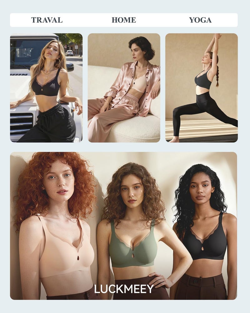 LUCKMEEY Womens Wireless Push Up Bras Sexy V Mesh Supportive Seamless T-Shirt Bra No Underwire (U-Back & Crossback) Oatmilk Skin Medium - Image 5