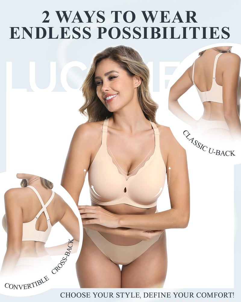 LUCKMEEY Womens Wireless Push Up Bras Sexy V Mesh Supportive Seamless T-Shirt Bra No Underwire (U-Back & Crossback) Oatmilk Skin Medium - Image 2