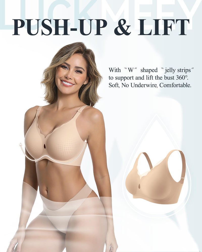 LUCKMEEY Womens Wireless Push Up Bras Sexy V Mesh Supportive Seamless T-Shirt Bra No Underwire (U-Back & Crossback) Oatmilk Skin Medium - Image 3