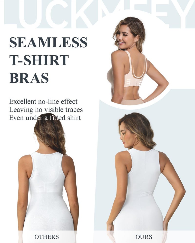 LUCKMEEY Womens Wireless Push Up Bras Sexy V Mesh Supportive Seamless T-Shirt Bra No Underwire (U-Back & Crossback) Oatmilk Skin Medium - Image 4