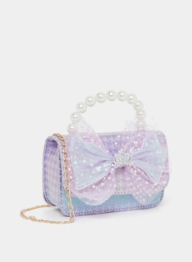 Styli Mesh Bow & Faux Pearl Top Handle Textured Handbag