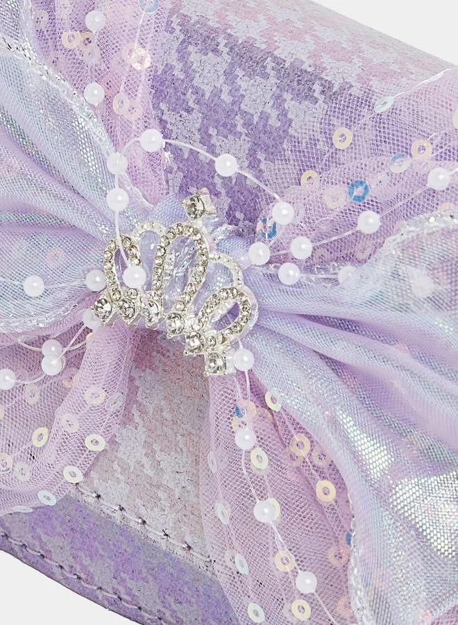 Styli Mesh Bow & Faux Pearl Top Handle Textured Handbag