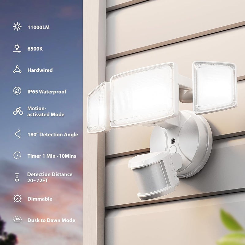 Onforu 100 واط أضواء LED حساسة للحركة في الهواء الطلق، أضواء الفيضانات من الغسق إلى الفجر، أضواء أمان موصولة كهربائياً خارجية 11000 لومن 6500 كلفن ضوء النهار IP65 مقاومة للماء (أبيض) - Image 2