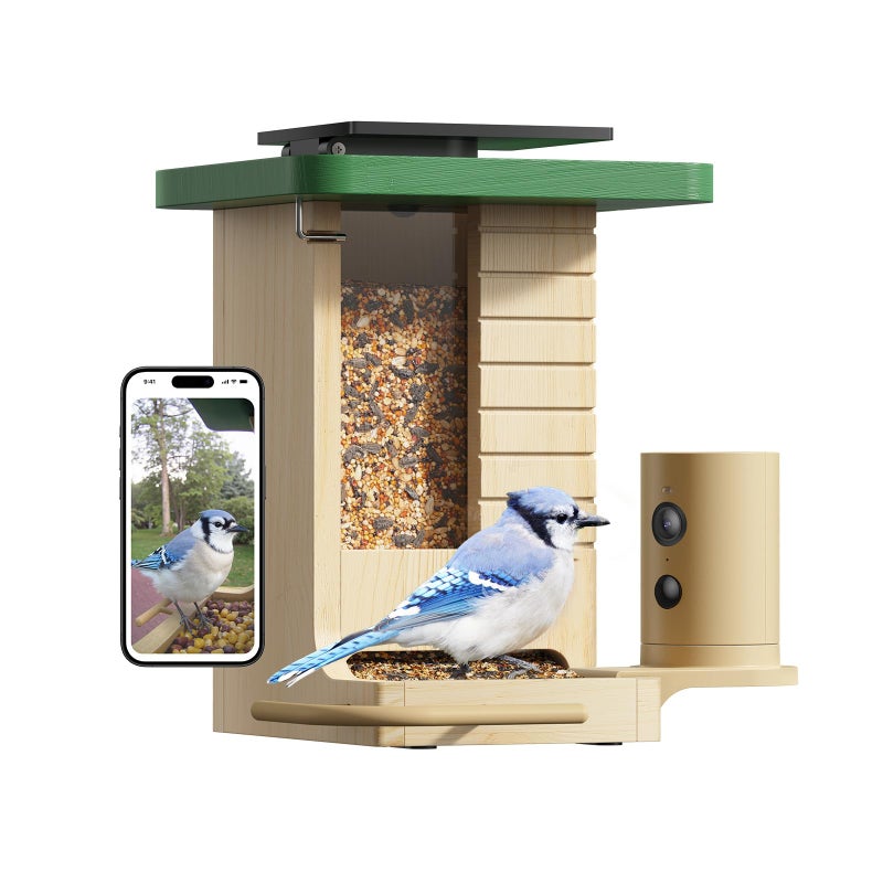 Birdfy Smart Bird Feeder with Camera Solar Powered, Night Insight & Slow-Motion Video for Outdoors & Backyard Birds Watching, AI Identify 6000+ Species by Subscription, Wood - Image 1