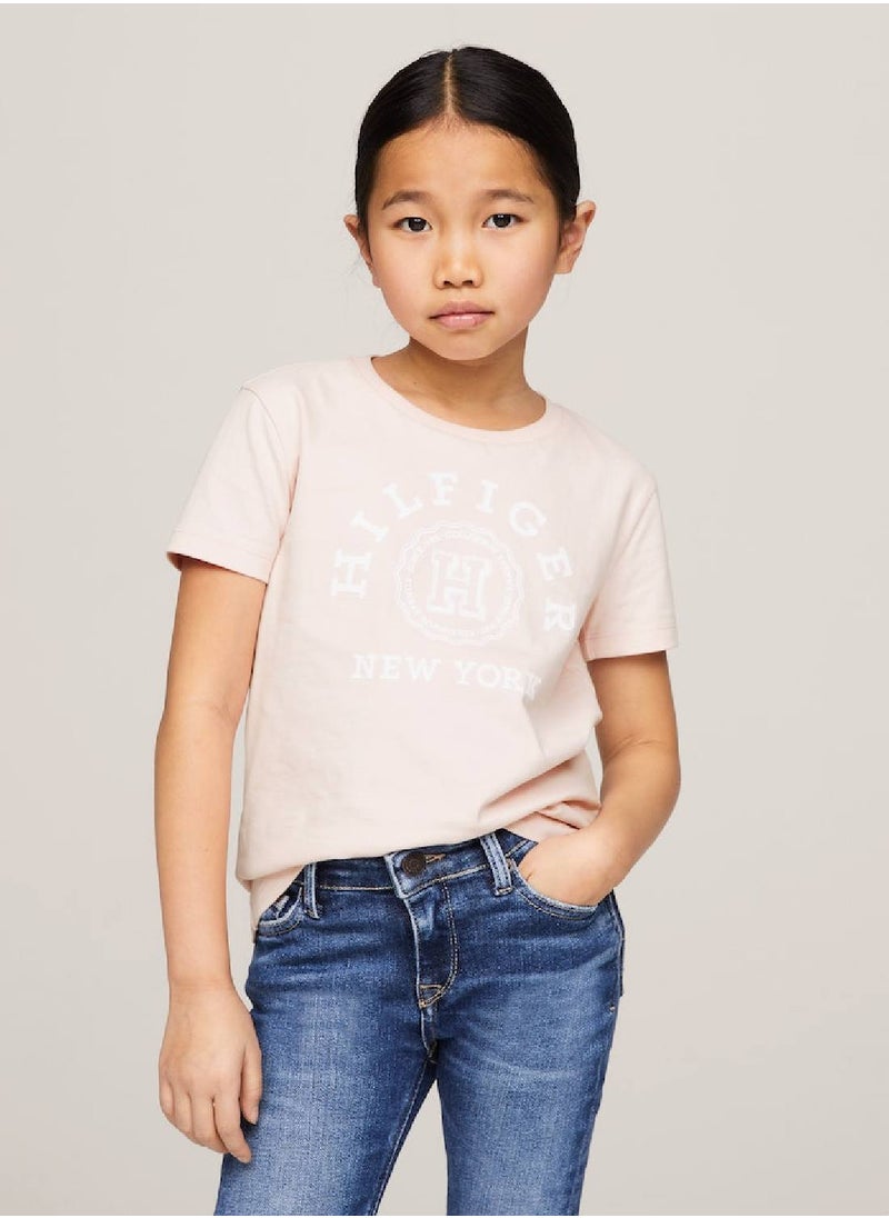 TOMMY HILFIGER Girls' Varsity Logo Featuring A Crew Neck T-Shirt -  Pure cotton, Pink  - Image 1