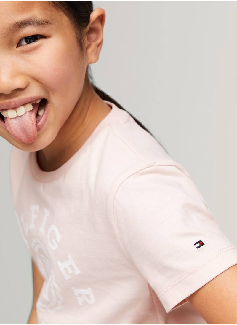 TOMMY HILFIGER Girls' Varsity Logo Featuring A Crew Neck T-Shirt -  Pure cotton, Pink  - Image 4