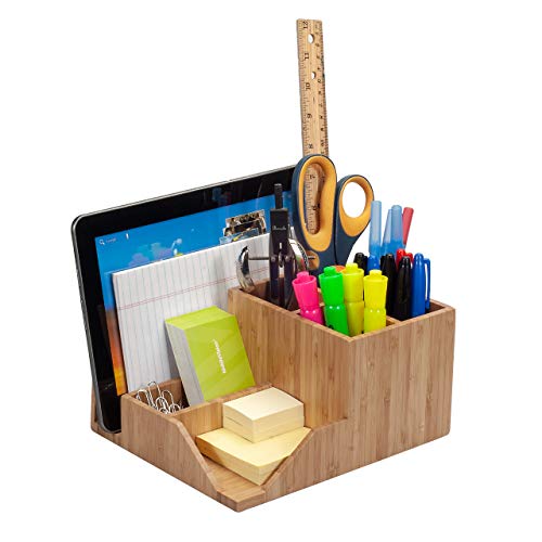 MobileVision Bamboo Multi-Function Desktop Organizer; Store stationary items like notepads, file folders, paperclips, business cards, pens, & more - Image 1