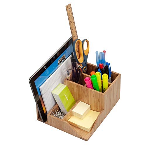 MobileVision Bamboo Multi-Function Desktop Organizer; Store stationary items like notepads, file folders, paperclips, business cards, pens, & more - Image 3