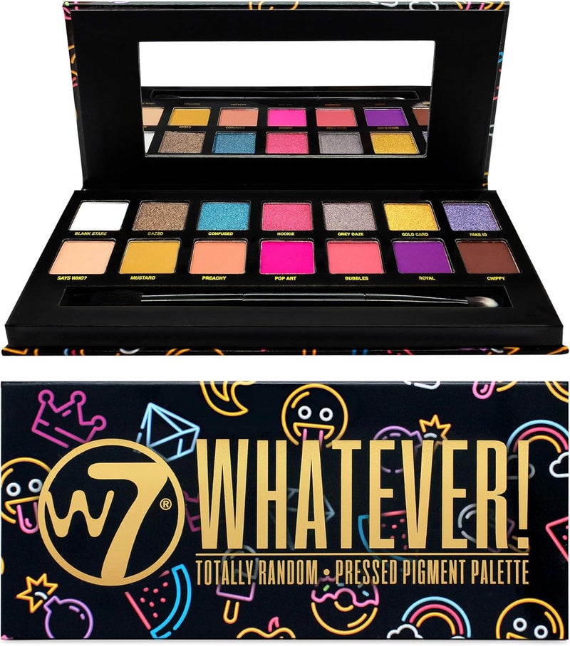 W7 Whatever Pressed Pigment Palette Makeup Tones Cream Matte Shimmer Chromes Colours Bold And Bright Pinks Purples Blues and Oranges Cruelty Free Makeup For Women