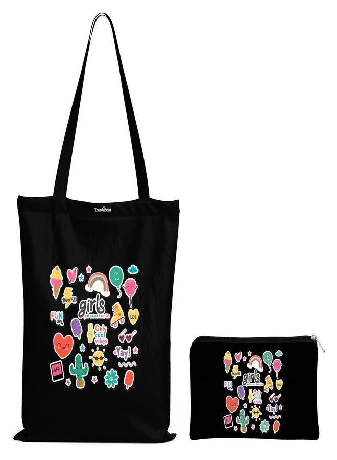 TrendoPrint Eco-Friendly Printed Black Tote Bag 14 x 16 inch with Makeup Pouch for College, Shopping and Travelling (TB34) - Image 1
