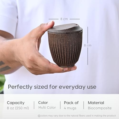 Eha Earth-Friendly Retro Coffee Cup Set of 4 |250 Ml | Coffee Mug with Lid |Made with Rice Husk | Tea Cup with Lid | Microwave Safe| for Hot & Cold Coffee, Milk & Tea Mug| Multi-Dark - Image 2