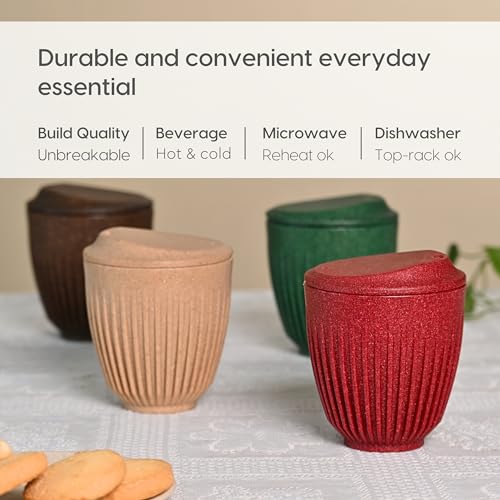 Eha Earth-Friendly Retro Coffee Cup Set of 4 |250 Ml | Coffee Mug with Lid |Made with Rice Husk | Tea Cup with Lid | Microwave Safe| for Hot & Cold Coffee, Milk & Tea Mug| Multi-Dark - Image 4