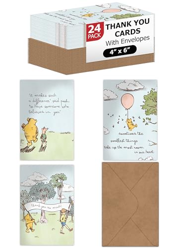 Pro Supply Global 24 Count of 4x6 Pre-Folded Pooh Thank You Cards With Blank Inside To Leave a Note and Envelopes - Assortment of Greeting Cards Come In 3 Designs - Image 1