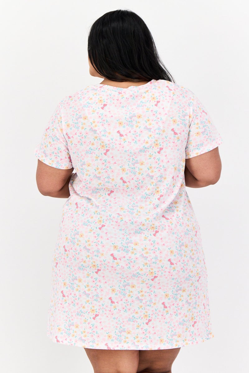 Celestial Dreams Women Plus Size V Neck Allover Print Short Sleeves Sleepwear Dress, Multicolor - Image 3