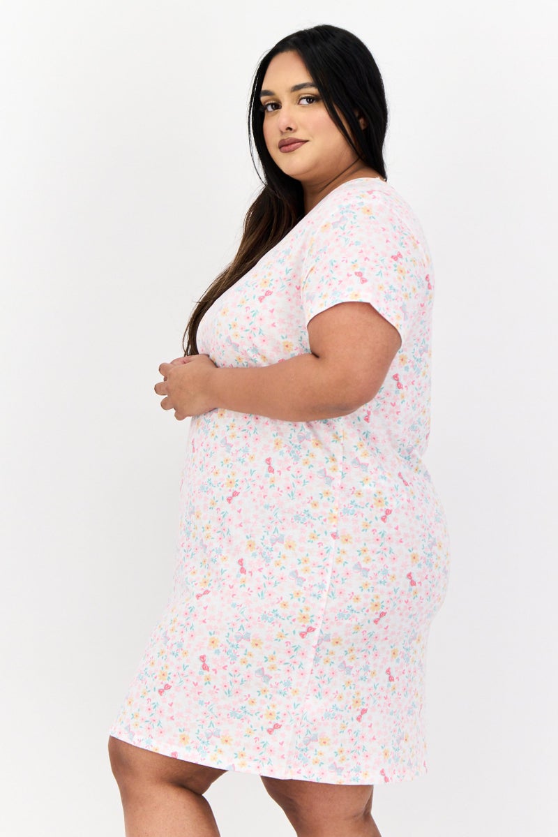 Celestial Dreams Women Plus Size V Neck Allover Print Short Sleeves Sleepwear Dress, Multicolor - Image 2