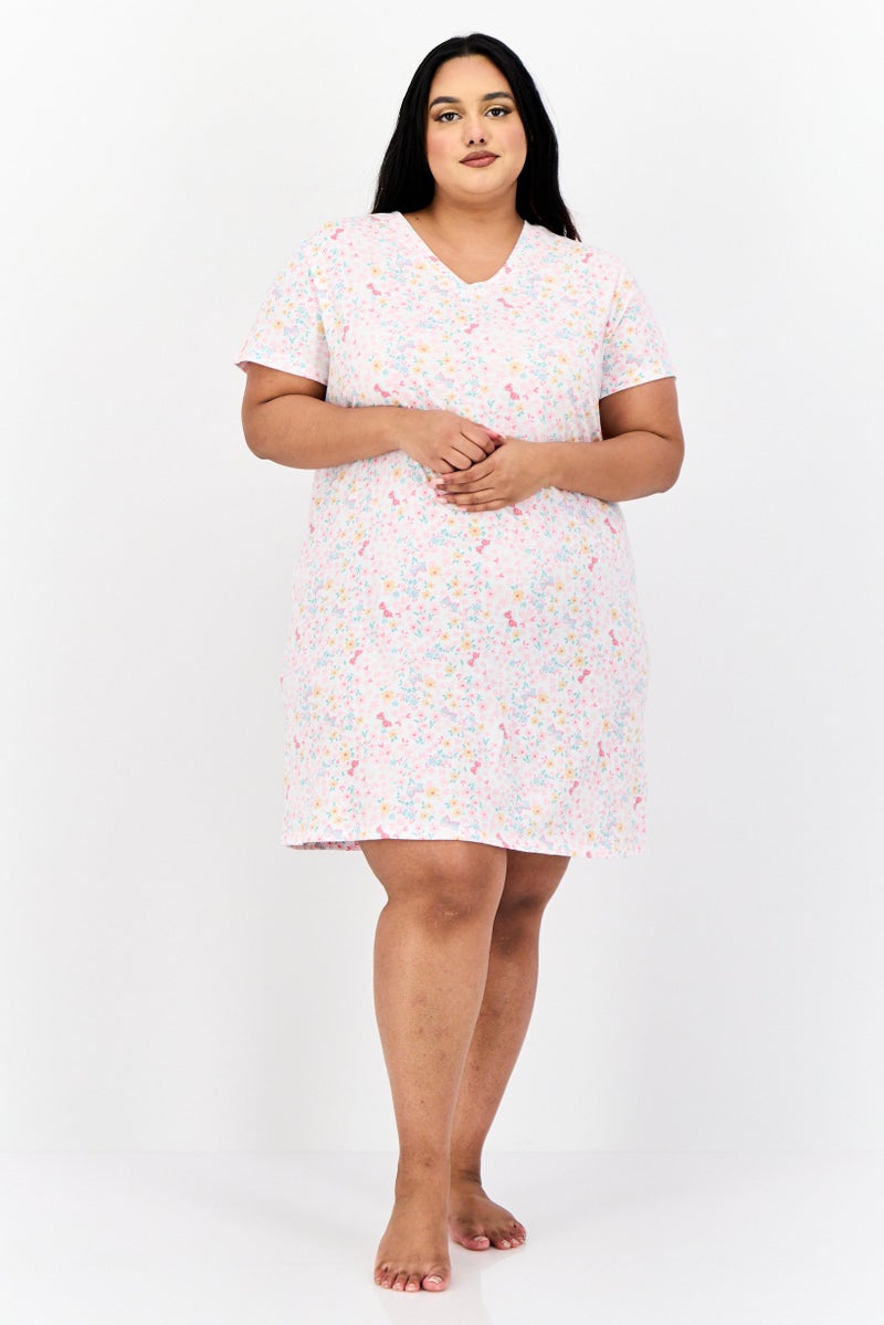 Celestial Dreams Women Plus Size V Neck Allover Print Short Sleeves Sleepwear Dress, Multicolor - Image 4
