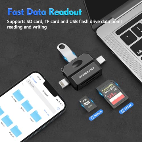 Kinsound 5 in 1 SD & TF Card Reader for iPhone with Type-C, Lighting & USB Female Ports, Memory Card Reader Compatible with TF, SD, SDHC, SDXC, MMC, RS-MMC, Micro SDXC for iPhone & Android Phone - Image 2