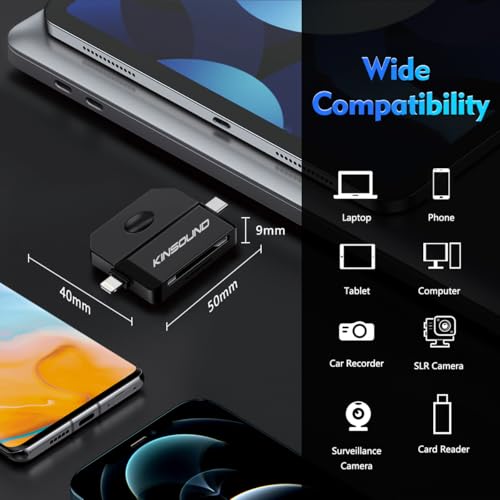 Kinsound 5 in 1 SD & TF Card Reader for iPhone with Type-C, Lighting & USB Female Ports, Memory Card Reader Compatible with TF, SD, SDHC, SDXC, MMC, RS-MMC, Micro SDXC for iPhone & Android Phone - Image 5