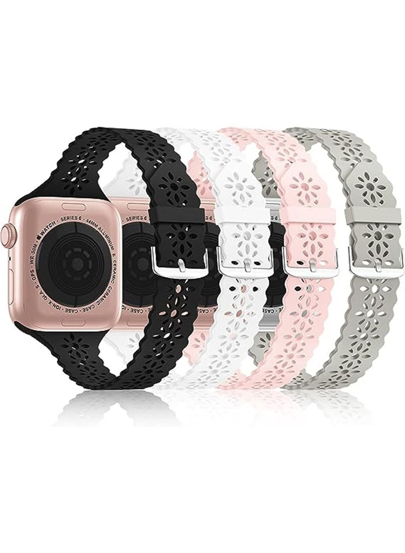 4 Pack Lace Silicone Bands Compatible with Watch Band 42mm 44mm 45mm Women Slim Thin Hollow-out Sport Wristband for iWatch Series Ultra 8 SE 7 6 5 4 3 2 1 - Image 1