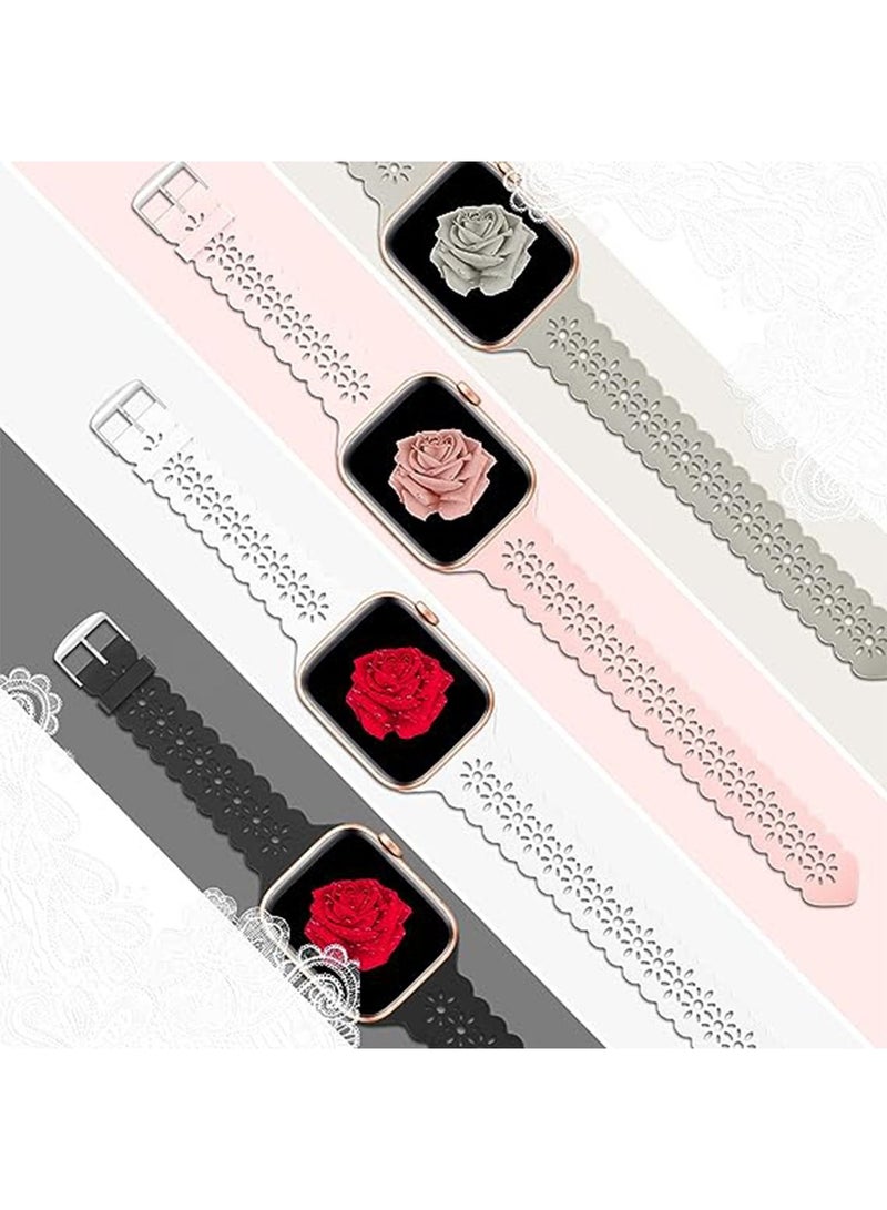 4 Pack Lace Silicone Bands Compatible with Watch Band 42mm 44mm 45mm Women Slim Thin Hollow-out Sport Wristband for iWatch Series Ultra 8 SE 7 6 5 4 3 2 1 - Image 3