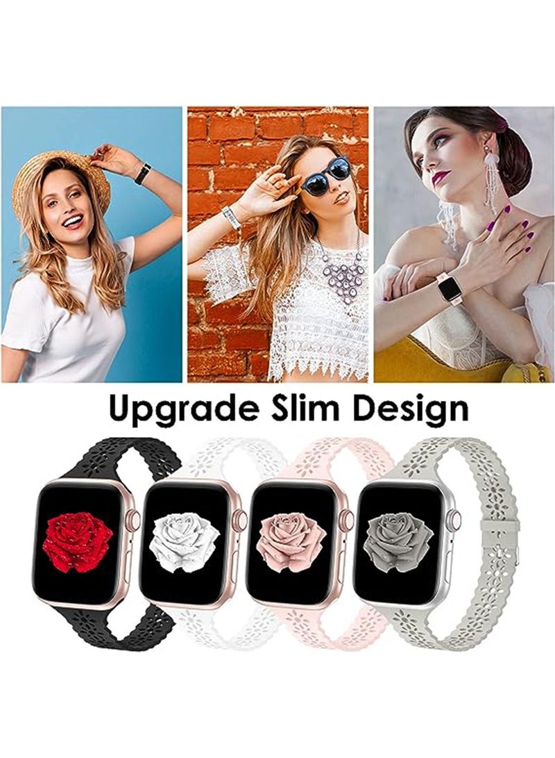 4 Pack Lace Silicone Bands Compatible with Watch Band 42mm 44mm 45mm Women Slim Thin Hollow-out Sport Wristband for iWatch Series Ultra 8 SE 7 6 5 4 3 2 1 - Image 2