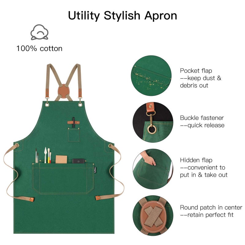 RockyToy RockyToy Chef Apron with Cross Back Straps for Men Women  Cotton Canvas Apron for Artists Painting  Kitchen Cooking (Green 6Pack)  - Image 2