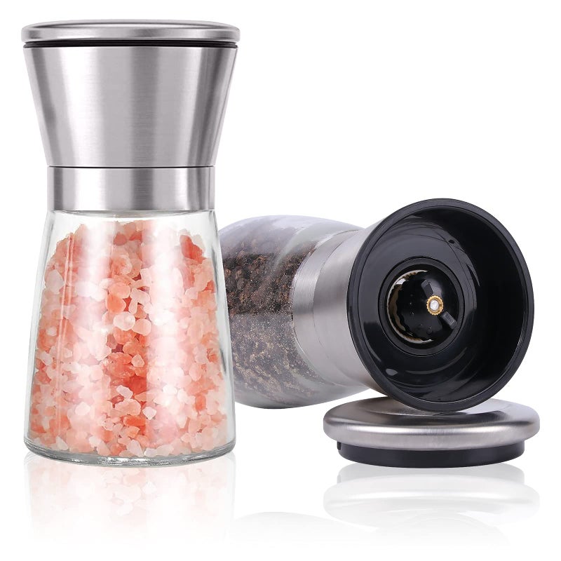 Herda Salt and Pepper Grinder Refillable 304 Brushed Stainless Steel Shaker Adjustable Ceramic Sea Salt Pepper Grinder Tall Glass Salt Pepper Mill Salt Mill 2Pcs
