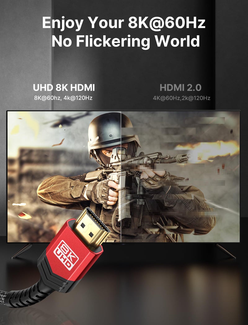 JSAUX 8K HDMI Cable 2.1 3.3FT 2-Pack 48Gbps 8K & 4K Ultra High Speed Cord (8K@60Hz 7680x4320, 4K@120Hz) eARC HDR10 HDCP 2.2 & 2.3 3D, Compatible for PS5/PS4/X-Box/Roku TV/HDTV/Blu-ray/LG/Samsung QLED - Image 3