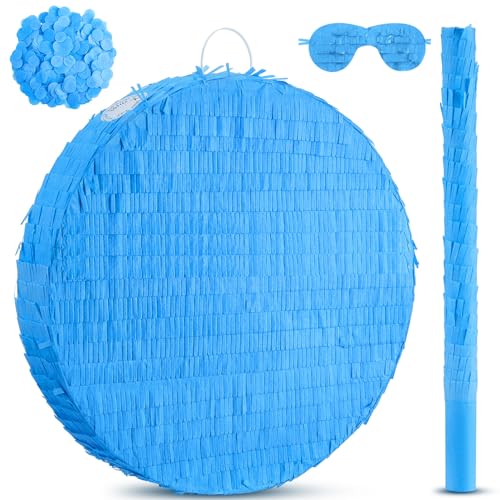 Jenaai 16 Inch Round Blue Piata Large Circle Blank Piata with Stick Blindfold and Confetti for Adults and Kids Birthday Parties Game DIY Wedding Celebration Baby Shower Carnival Party Supplies - Image 1