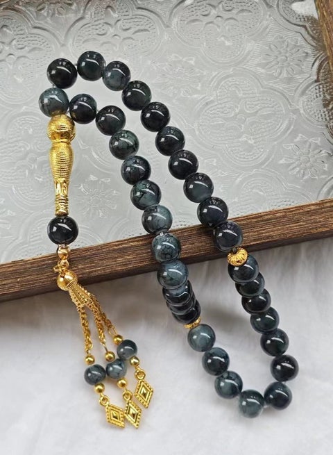 Tasbih 33 Prayer Beads 10mm Tasbeeh Zikr Stone with Patterns Muslim Islamic Arabic Golden Tassels Exquisite Handmade