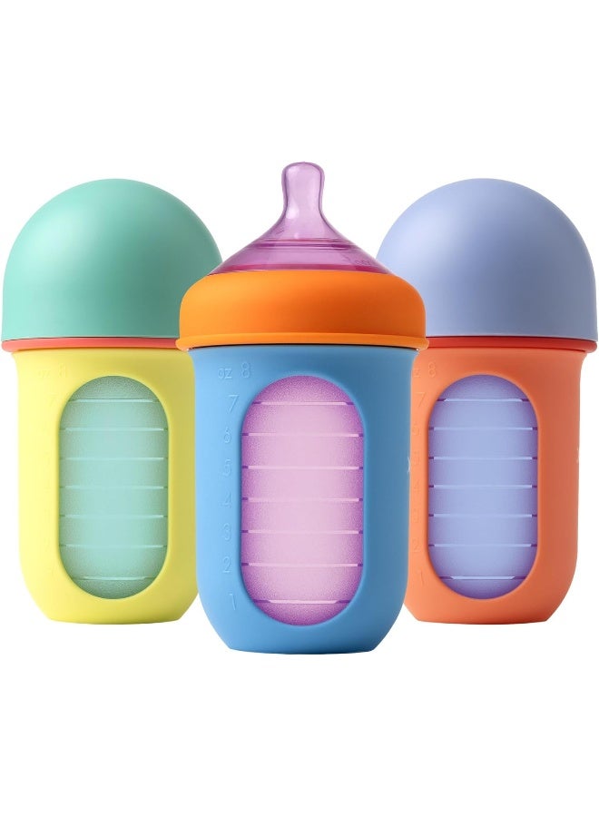 Boon Nursh Reusable Baby Bottle with Collapsible Silicone Pouch Design - Everyday Baby Essentials - Stage 2 Medium Flow Baby Bottles - Color Block - 8 Oz - Image 1