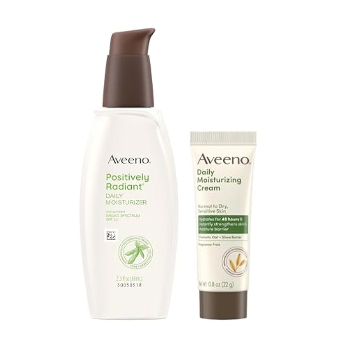 Aveeno Skincare Bundle, Positively Radiant Daily SPF 30 Facial Sunscreen Moisturizer + Soy, 2.3 fl. oz, & Travel Size Daily Moisturizing Cream for Body, Face, & Hands, 0.8 oz, Two Pack, 2 Items - Image 1
