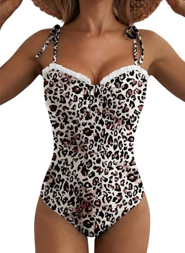 Herseas Women's Ruched One Piece Swim Suits Tie Shoulder Straps High Cut Tummy Control Push Up Bathing Suit Plus Size Swimwear for Teens 2026 Summer Leopard X-Large - Image 1