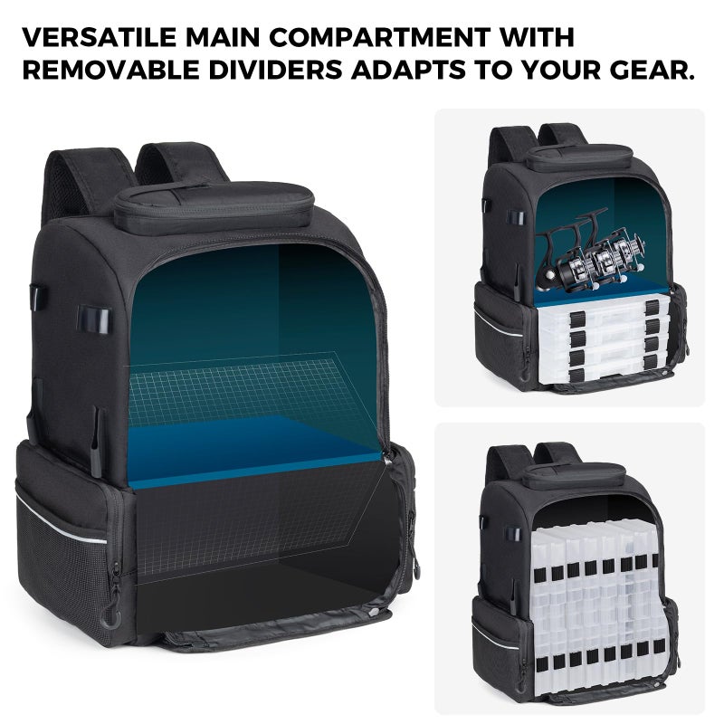 WANOON Fishing Backpack 45L with 4 Tackle Boxes, Durable & Comfortable Fishing Bag,Waterproof Insulated Bait Pocket & 4 Rod Holders - Image 5