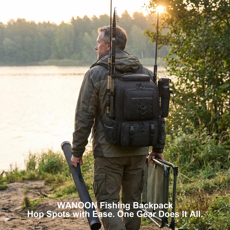 WANOON Fishing Backpack 45L with 4 Tackle Boxes, Durable & Comfortable Fishing Bag,Waterproof Insulated Bait Pocket & 4 Rod Holders - Image 3
