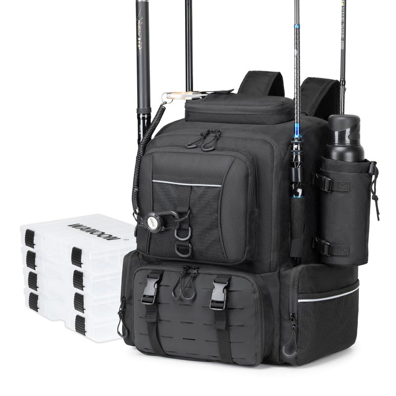 WANOON Fishing Backpack 45L with 4 Tackle Boxes, Durable & Comfortable Fishing Bag,Waterproof Insulated Bait Pocket & 4 Rod Holders - Image 1