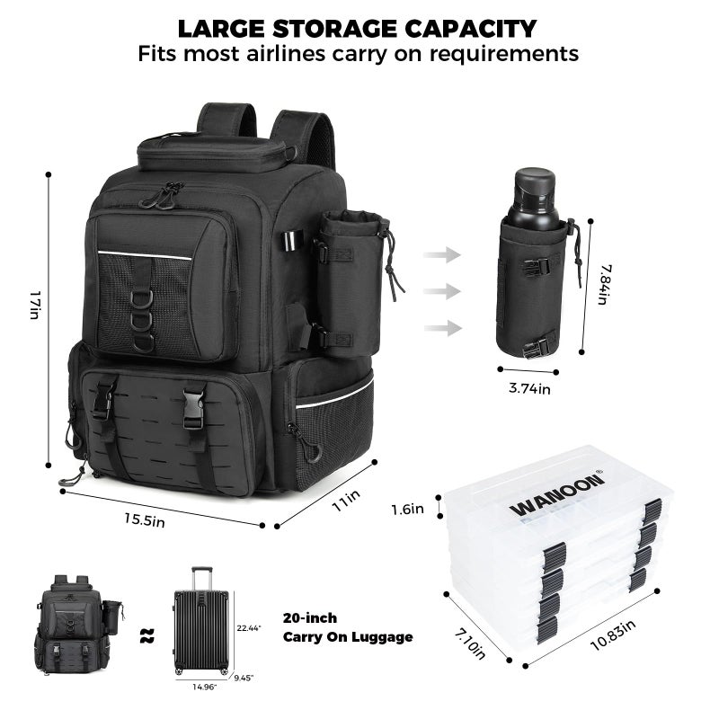WANOON Fishing Backpack 45L with 4 Tackle Boxes, Durable & Comfortable Fishing Bag,Waterproof Insulated Bait Pocket & 4 Rod Holders - Image 2
