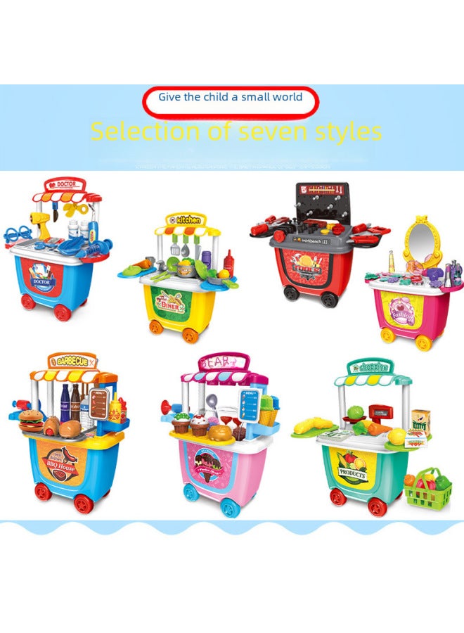 Children's Simulation Tool Girls' Hand Push Shopping Bucket Car Kitchenware Suit Play House Doctor Storage Box Toy-Color:8014-7022 Hand Push Tool Cart-662g - Image 2