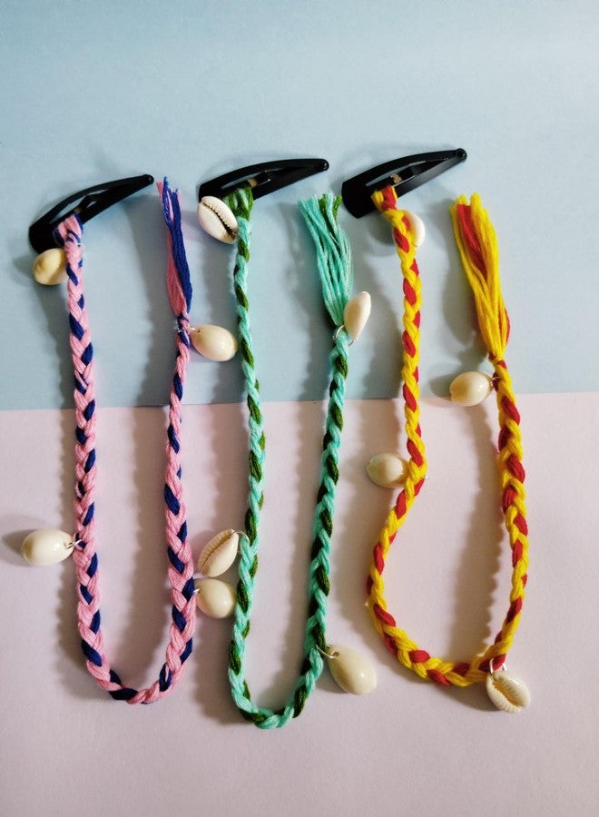DHANABAPA Navratri Braided With Tic Tac Pin Hair Strands with 4 Cowrie Beads | Colorful Bohemian Hair Accessories for Teens & Women | Easy Attach Hair Braid Extensions for Travel, Holidays, 3 Pcs - Multicolor. - Image 1