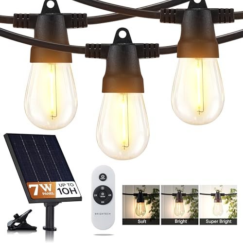 Brightech 104 (52x2) FT Ambience Pro Solar Powered Outdoor LED String Lights - Waterproof Remote Control Lights - 32 Bulbs, 7W Solar Powered Soft White Light for Camping, Patio, Garden - Image 1