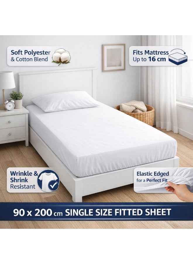 Selecto Hub White Fitted Sheet 90x200 cm – Soft Polyester Cotton Blend Bed Sheet, Elastic Edges, Wrinkle & Shrink Resistant, Breathable Mattress Cover Fits up to 16 cm Mattress – Easy Care Bedding - Image 1