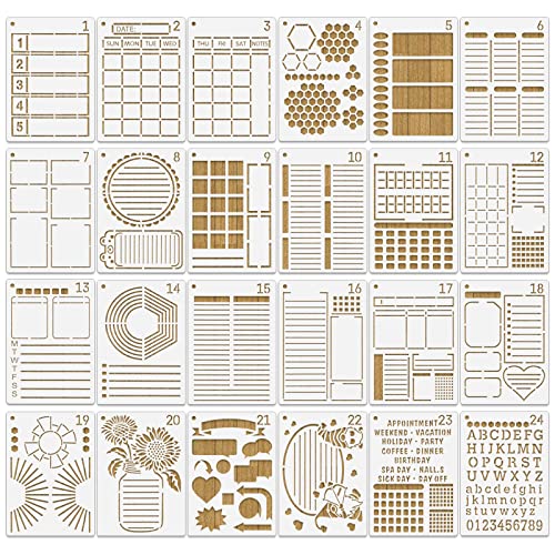 MWOOT 24 Pcs Assorted Drawing Journaling Stencils SetMixed Shapes Scale Painting Templates for DIY Albums Schedule Wall Art DecorReusable Plastic Paint Template for Diary Card Making 178x127CM