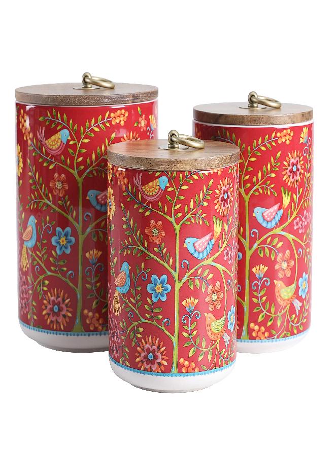 Bico Bico Red Spring Bird Ceramic Canister Set of 3 for Kitchen Counter, 62oz, 40oz, 32oz each, with Wooden Air Tight Lid, Food Storage Jar for storing Coffee, Tea, Spice, Dishwasher Safe 