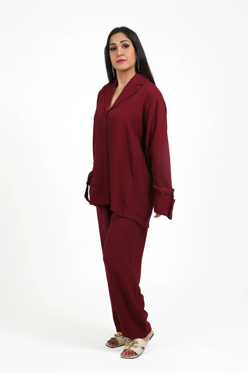 Red American Linen Trouser Set with Coat Collar