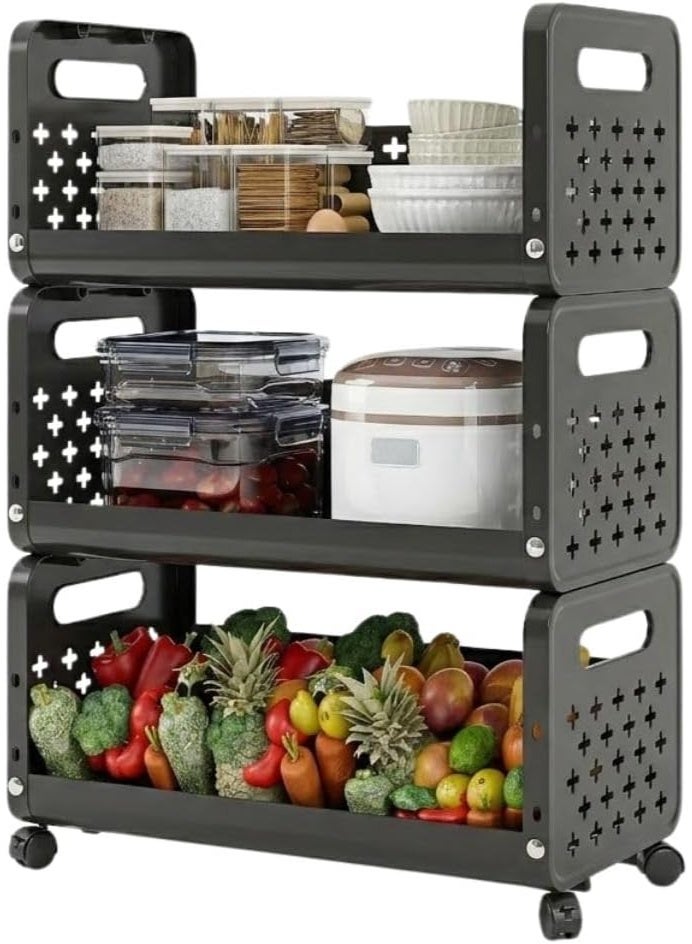 DmarQa Kitchen Storage Rack with Lockable Wheels, Plastic Organiser, Space-Saving, for Fruits, Snacks, Appliances, Kitchen, Pantry, Laundry, or Office  change to arabic - Image 1