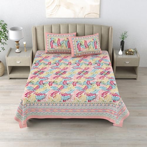 DE CAMA Since 1997 | 100% Cotton 300 TC Premium King Size Bedsheet for Double Bed (90 x 108 Inch) with 2 Pillow Covers Set (17 x 27 Inch) Designer Printed Bedsheet Set - Multicolour Leaf Pattern - Image 3