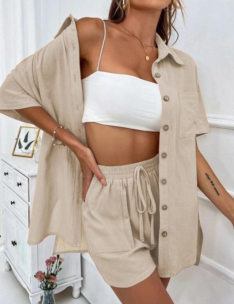 SeekMe Linen Short Sets for Women Short Sleeve Top Shorts 2 Piece Summer Beach Vacation Outfits Lounge Tracksuits(1717-Apricot-M-FY) - Image 4